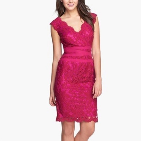 TADASHI SHOJI Pink Lace Embroidered V Neck Elegant Dress 2 - Picture 1 of 13